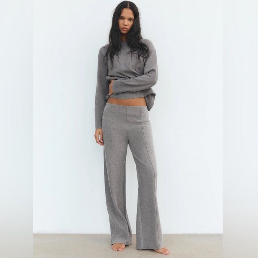 NWT Zara Gray Soft Knit Wide Leg Pants Pintuck Front Seam Pull On Trousers Sz L